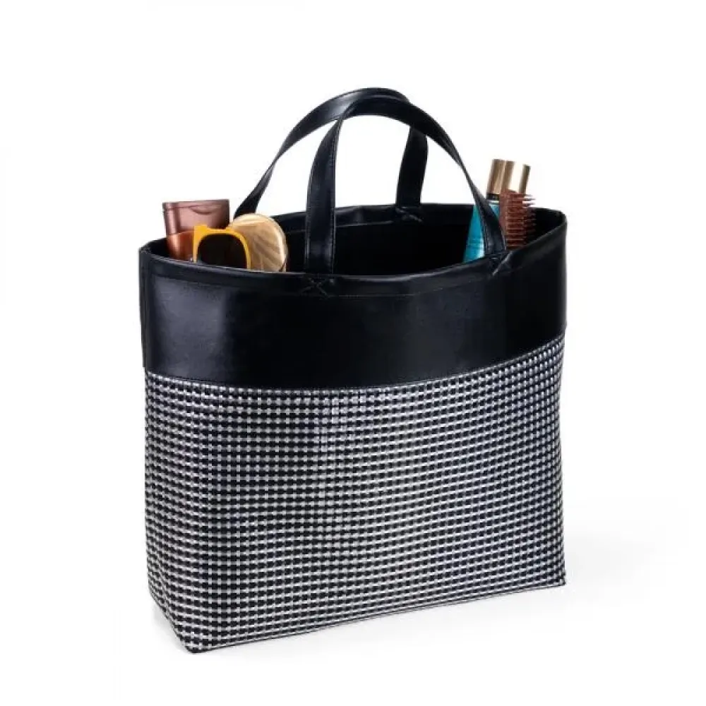 SACOLA DE PRAIA/PIQUENIQUE EM PVC E MATERIAL SINTÉTICO - PRETO / XADREZ PRATA - 48X33X13 CM