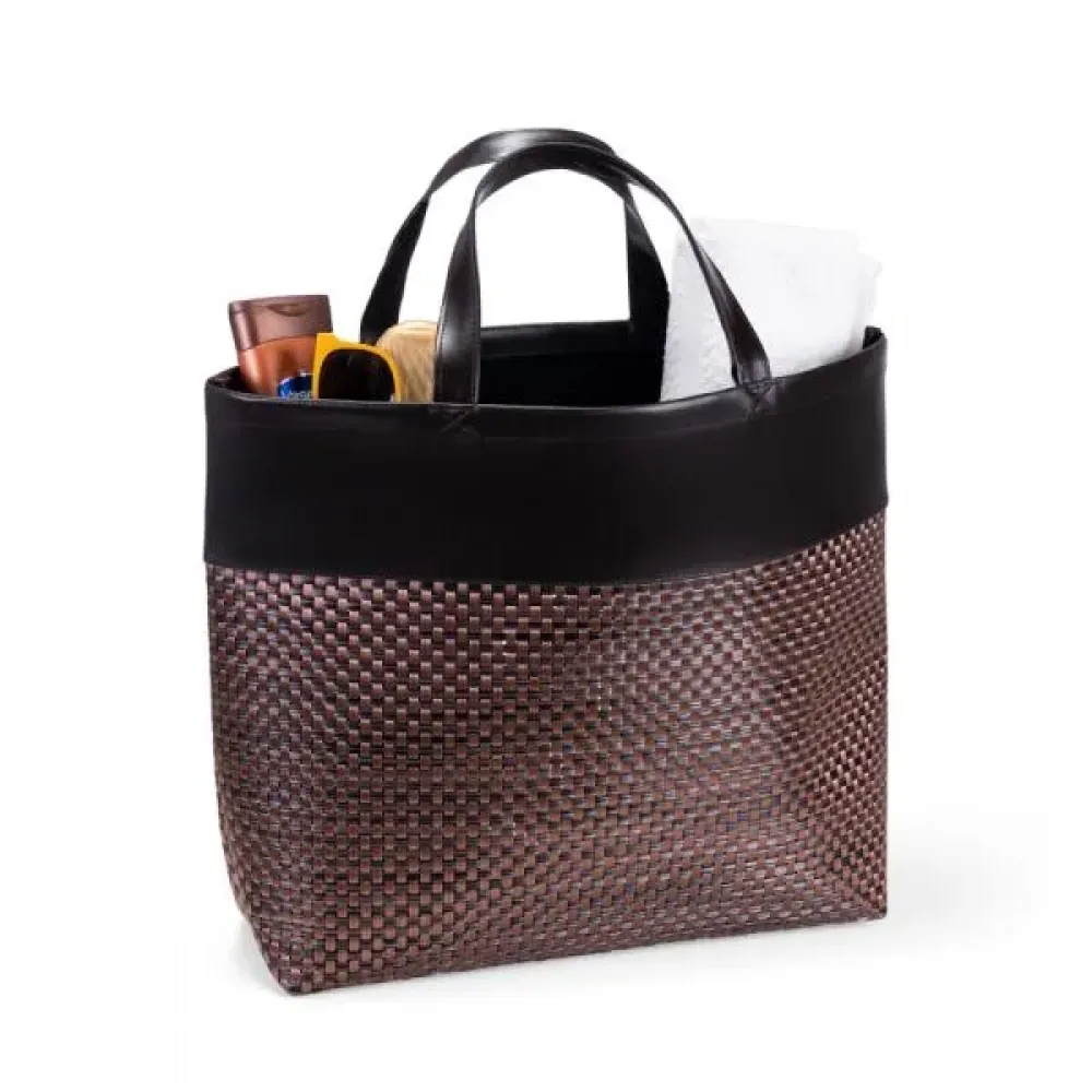 SACOLA EM PVC E MATERIAL SINTÉTICO - PREMIUM - MARROM/XADREZ - 48X33X13 CM