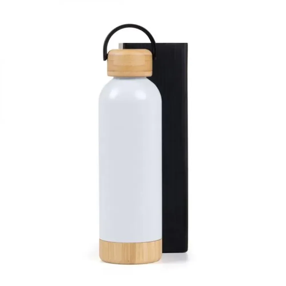 GARRAFA PAREDE DUPLA COM DETALHES EM BAMBU - BRANCA - 500 ML