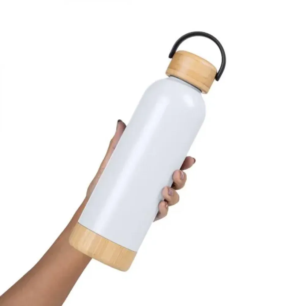 GARRAFA PAREDE DUPLA COM DETALHES EM BAMBU - BRANCA - 500 ML