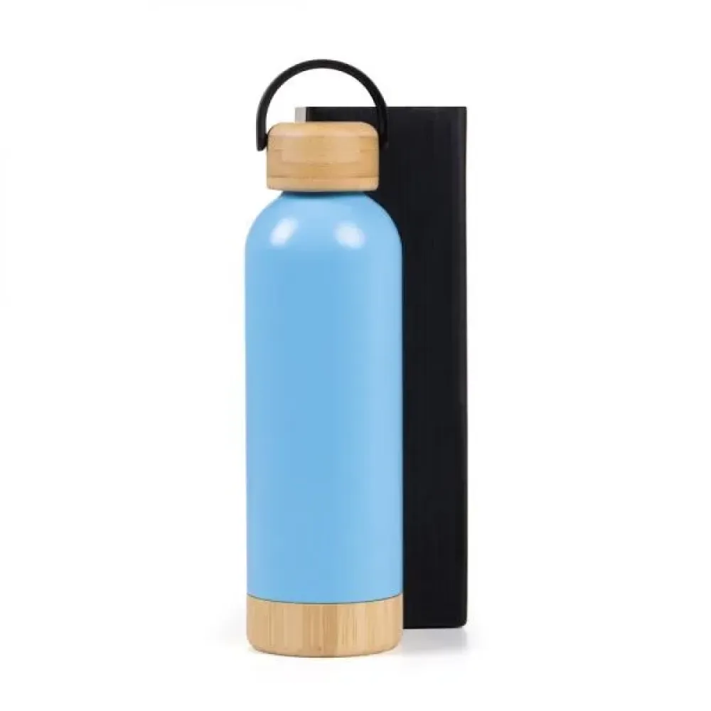 GARRAFA PAREDE DUPLA COM DETALHES EM BAMBU - AZUL - 500 ML