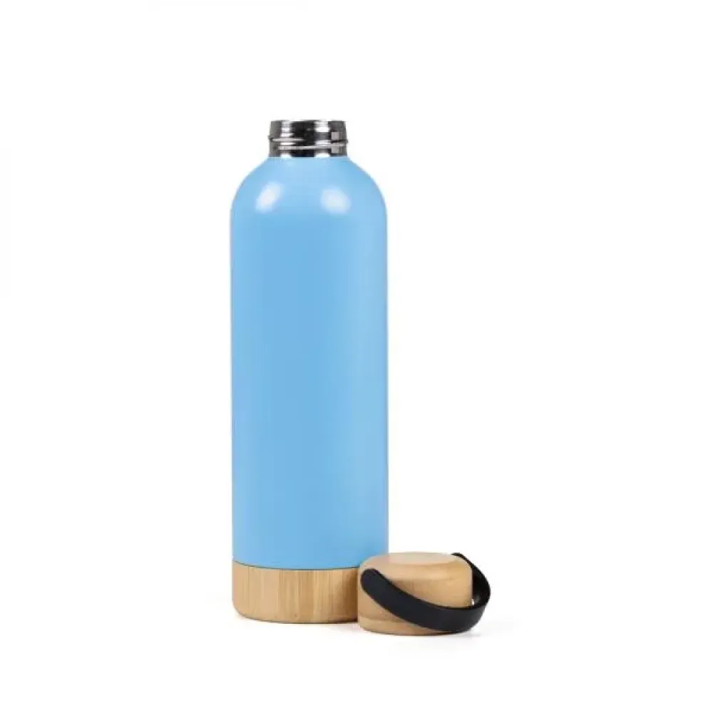 GARRAFA PAREDE DUPLA COM DETALHES EM BAMBU - AZUL - 500 ML