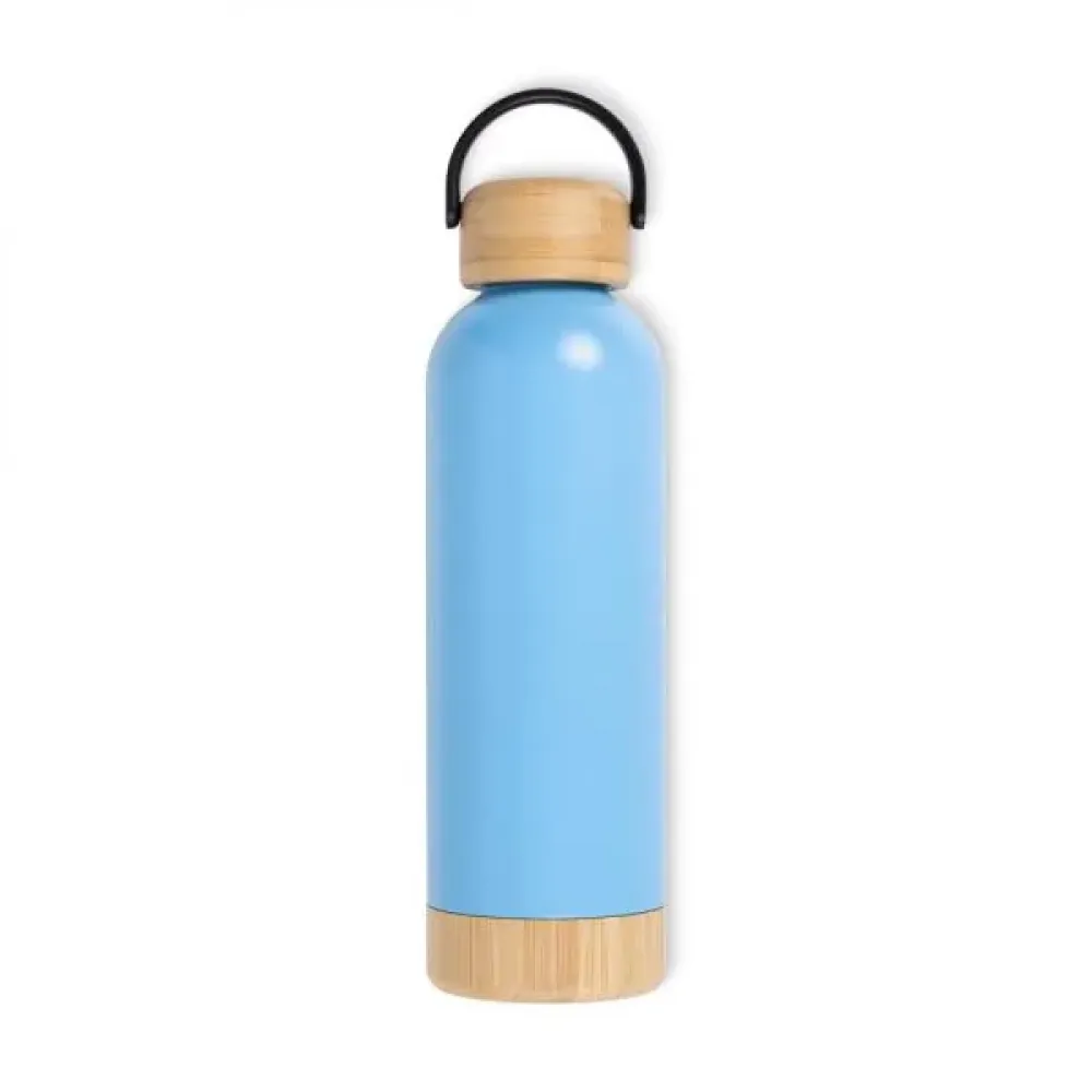 GARRAFA PAREDE DUPLA COM DETALHES EM BAMBU - AZUL - 500 ML
