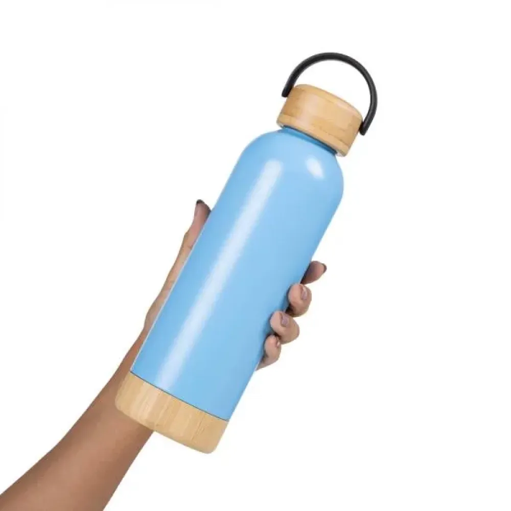 GARRAFA PAREDE DUPLA COM DETALHES EM BAMBU - AZUL - 500 ML