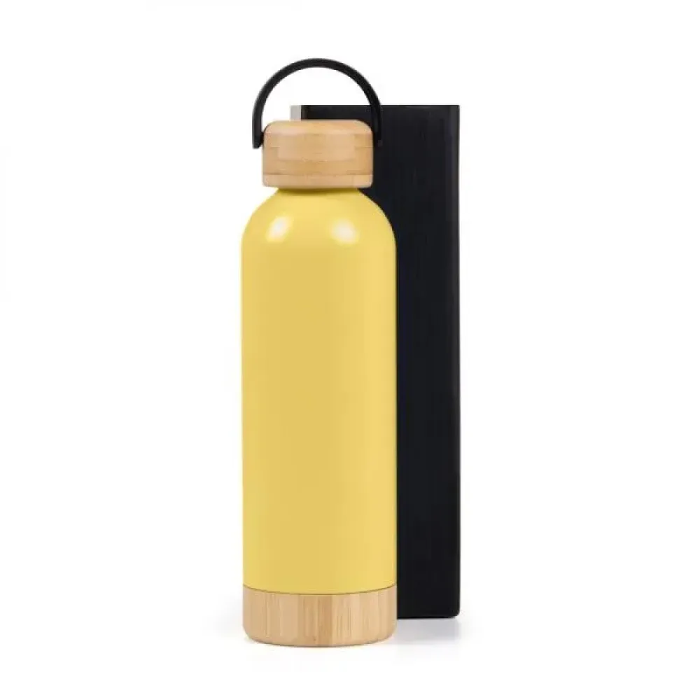 GARRAFA PAREDE DUPLA COM DETALHES EM BAMBU - AMARELA - 500 ML