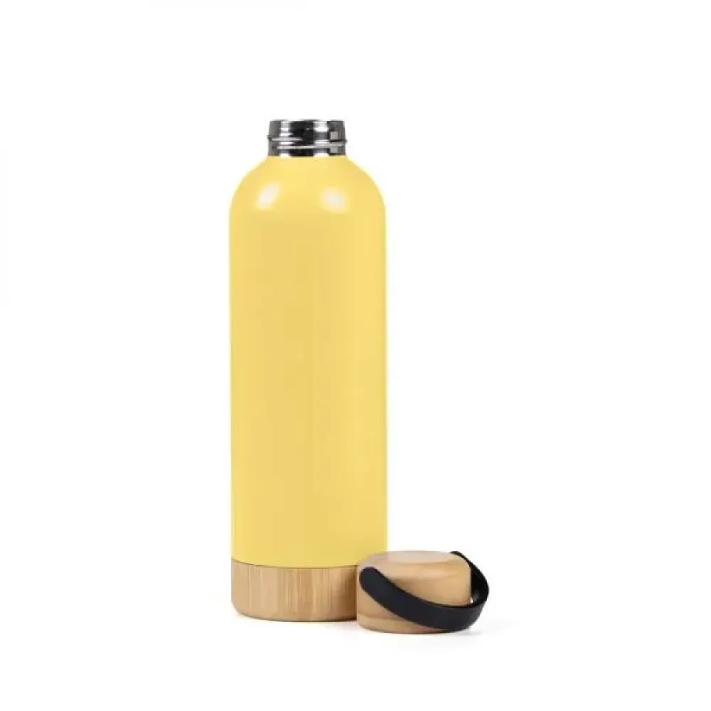 GARRAFA PAREDE DUPLA COM DETALHES EM BAMBU - AMARELA - 500 ML