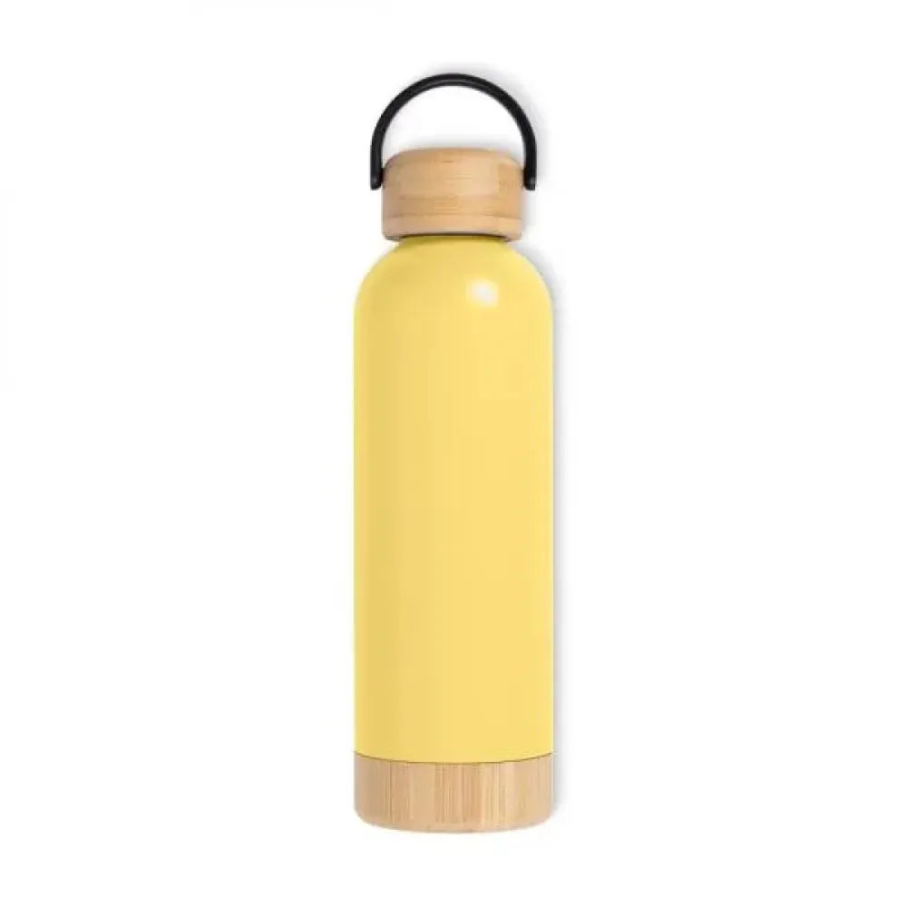 GARRAFA PAREDE DUPLA COM DETALHES EM BAMBU - AMARELA - 500 ML