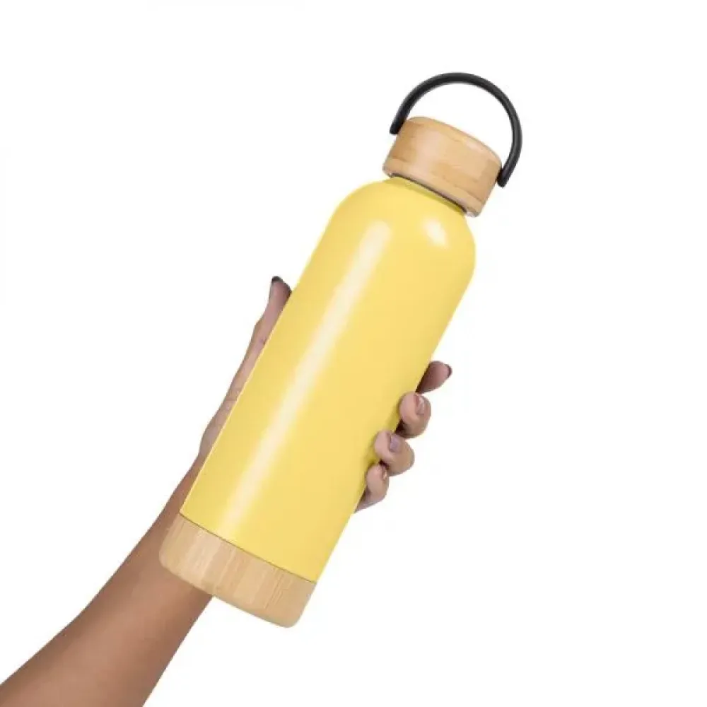 GARRAFA PAREDE DUPLA COM DETALHES EM BAMBU - AMARELA - 500 ML