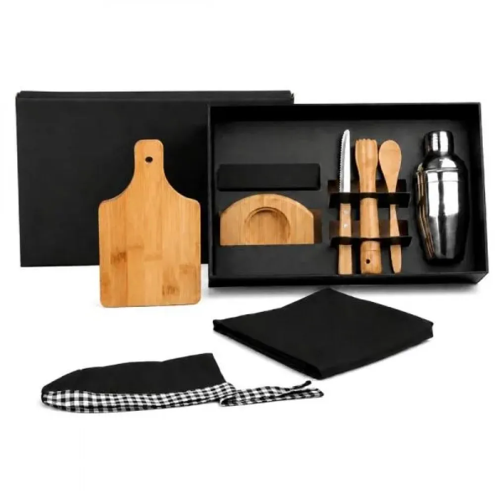 KIT PARA CAIPIRINHA EM BAMBU / MADEIRA COM AVENTAL E BANDANA - 0,35 L - 8 PÇS