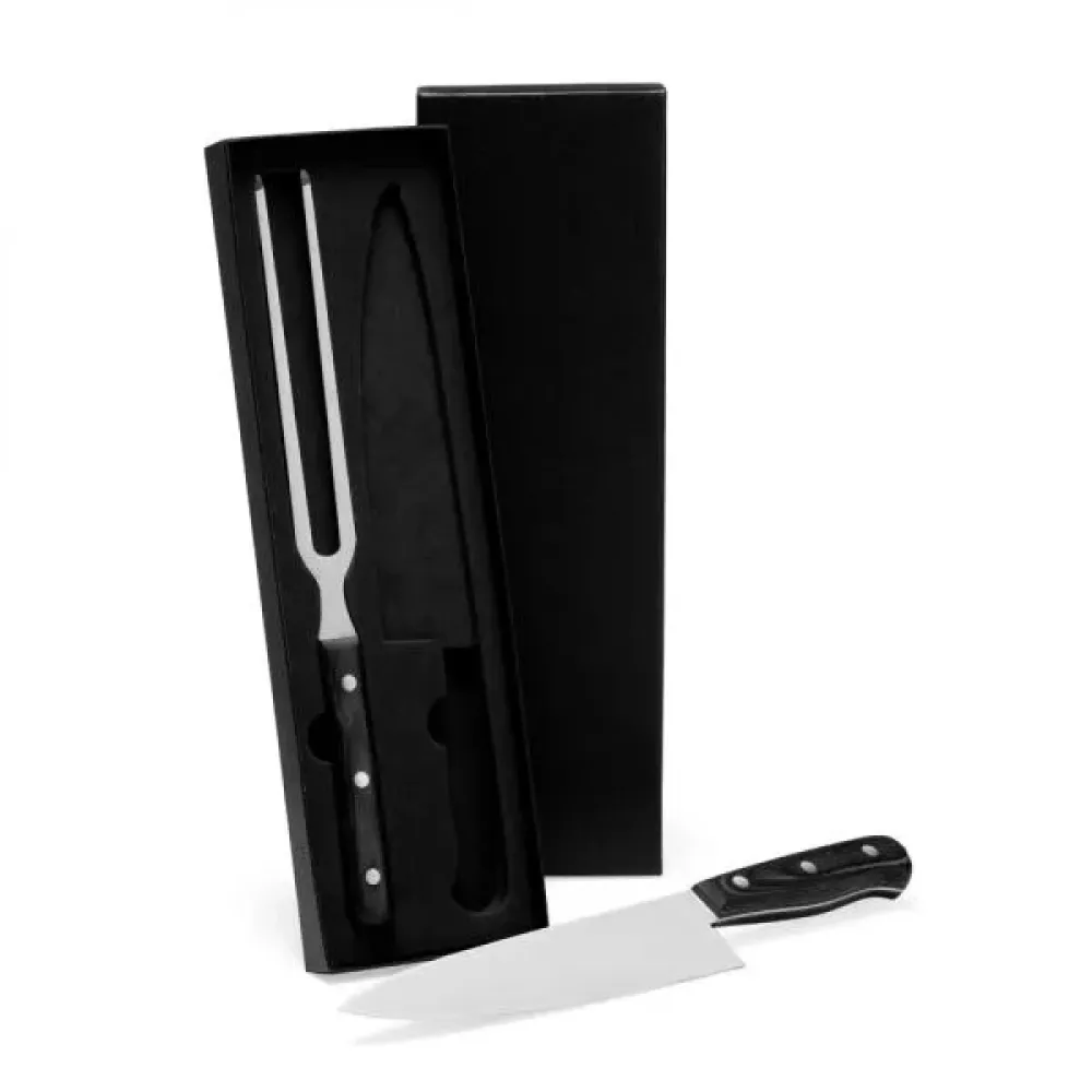 CONJ. DE FACA E GARFO PREMIUM EM MADEIRA / INOX - PRETO - 2 PÇS