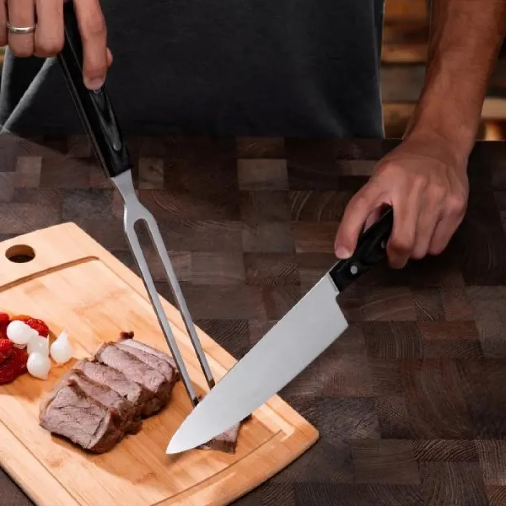 CONJ. DE FACA E GARFO PREMIUM EM MADEIRA / INOX - PRETO - 2 PÇS