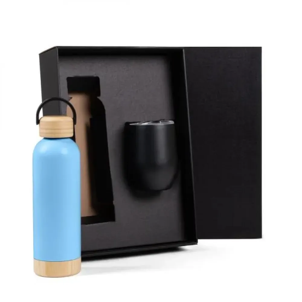 KIT GARRAFA E COPO TÉRMICO - AZUL/PRETO - 2 PÇS