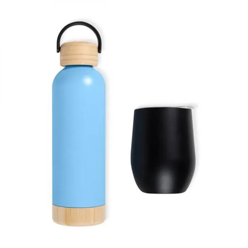 KIT GARRAFA E COPO TÉRMICO - AZUL/PRETO - 2 PÇS
