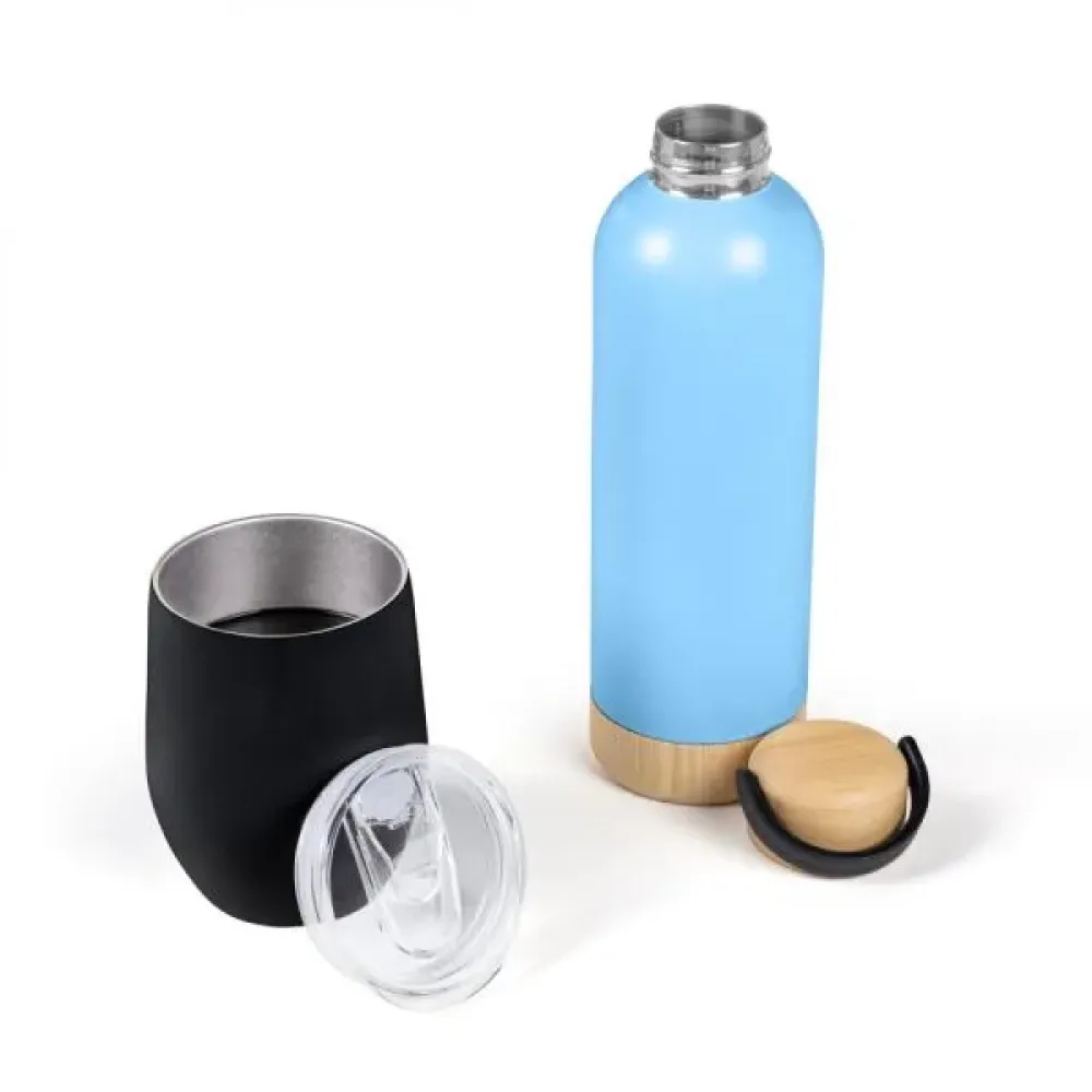 KIT GARRAFA E COPO TÉRMICO - AZUL/PRETO - 2 PÇS