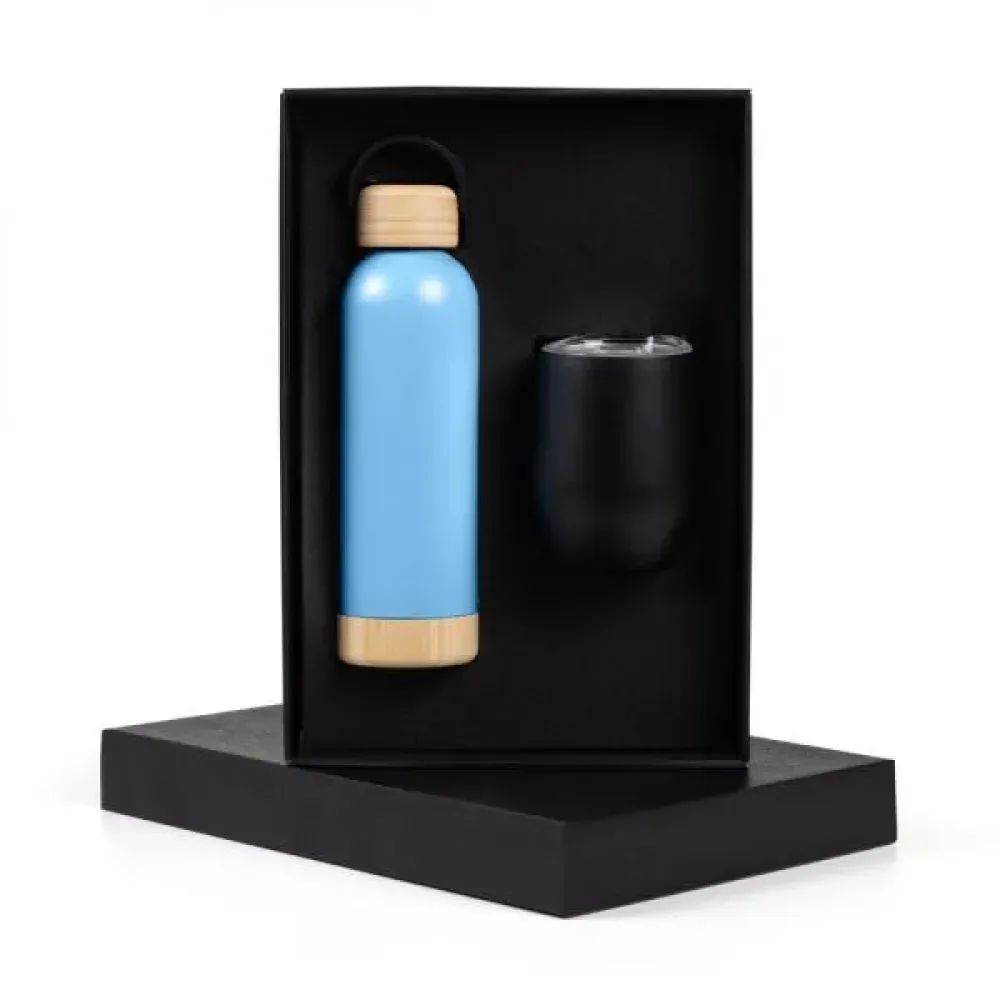KIT GARRAFA E COPO TÉRMICO - AZUL/PRETO - 2 PÇS