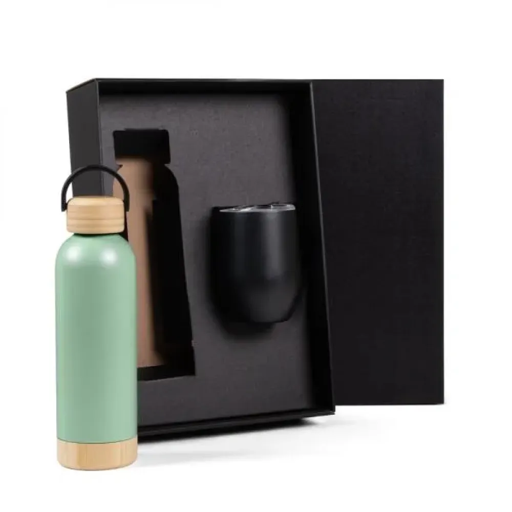 KIT GARRAFA E COPO TÉRMICO - VERDE/PRETO - 2 PÇS