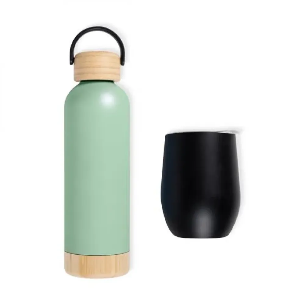 KIT GARRAFA E COPO TÉRMICO - VERDE/PRETO - 2 PÇS