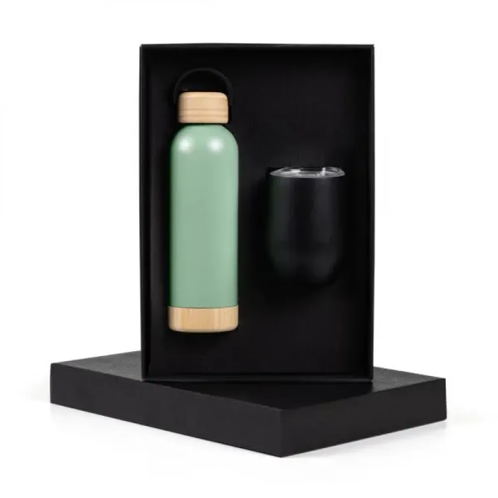 KIT GARRAFA E COPO TÉRMICO - VERDE/PRETO - 2 PÇS
