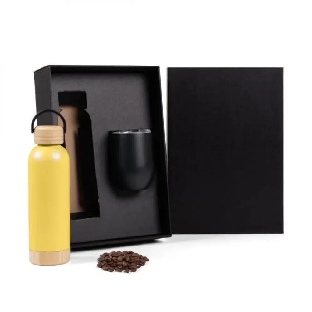 KIT GARRAFA E COPO TÉRMICO - AMARELO/PRETO - 2 PÇS-KT-90370