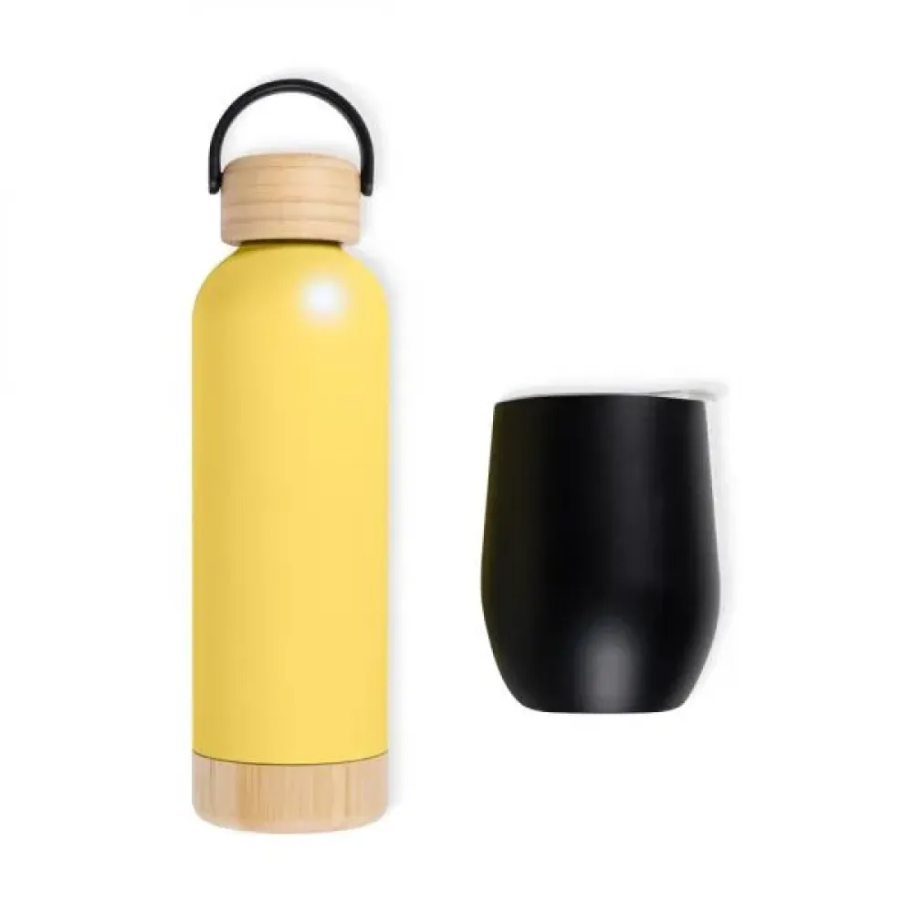 KIT GARRAFA E COPO TÉRMICO - AMARELO/PRETO - 2 PÇS