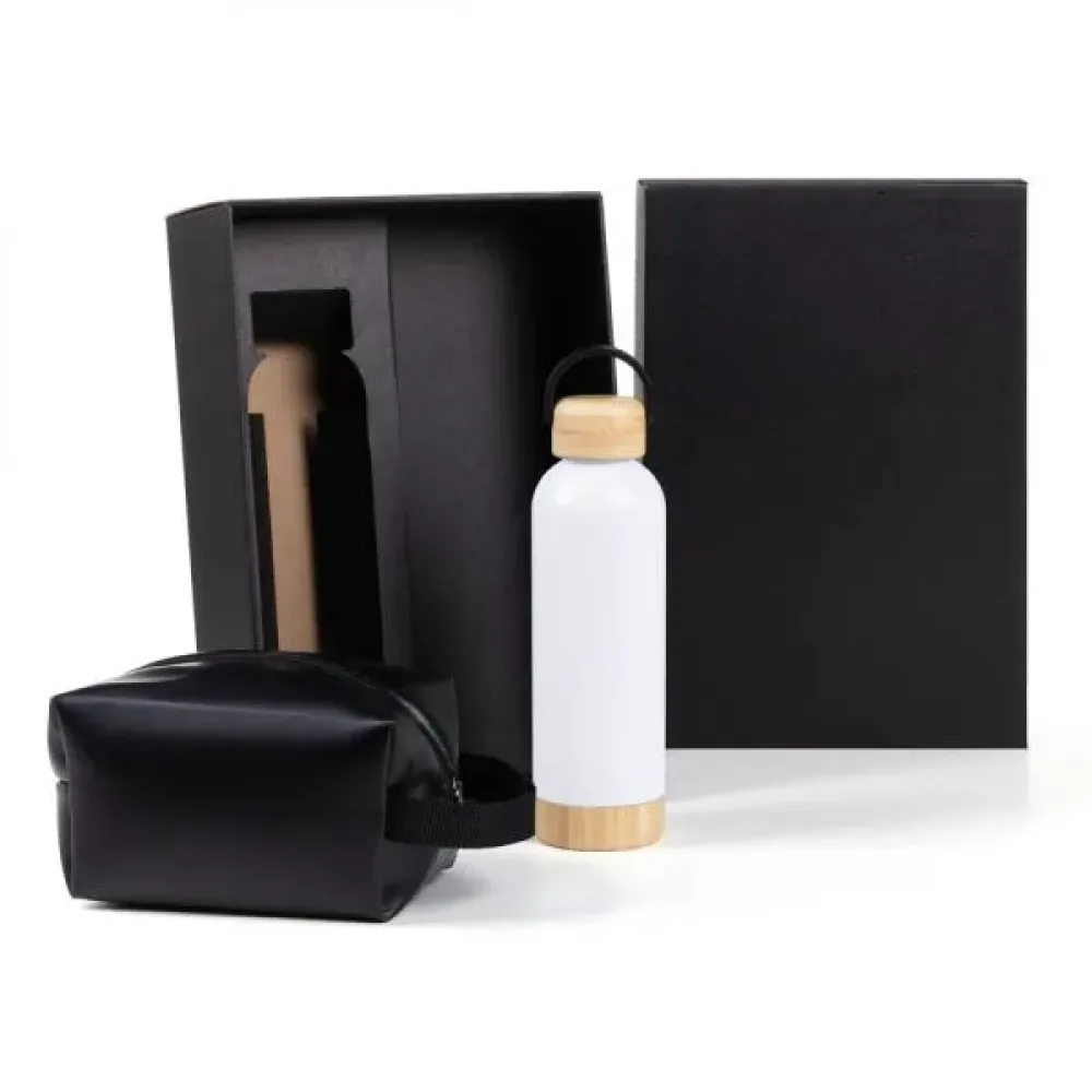 KIT GARRAFA E NECESSAIRE - BRANCO/PRETO - 2 PÇS-KT-90371
