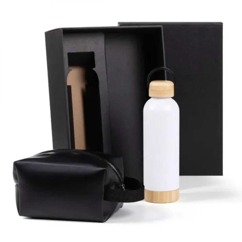 KIT GARRAFA E NECESSAIRE - BRANCO/PRETO - 2 PÇS