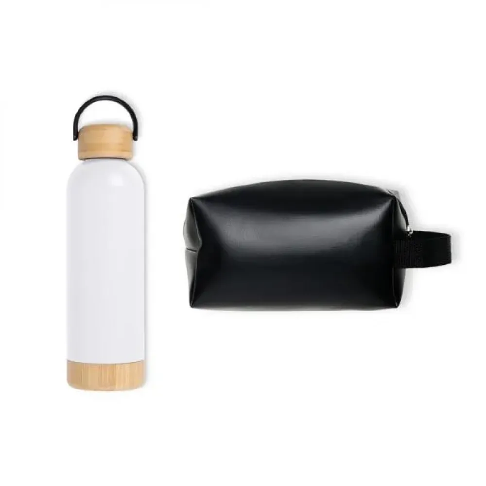 KIT GARRAFA E NECESSAIRE - BRANCO/PRETO - 2 PÇS