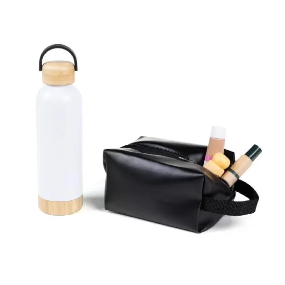 KIT GARRAFA E NECESSAIRE - BRANCO/PRETO - 2 PÇS