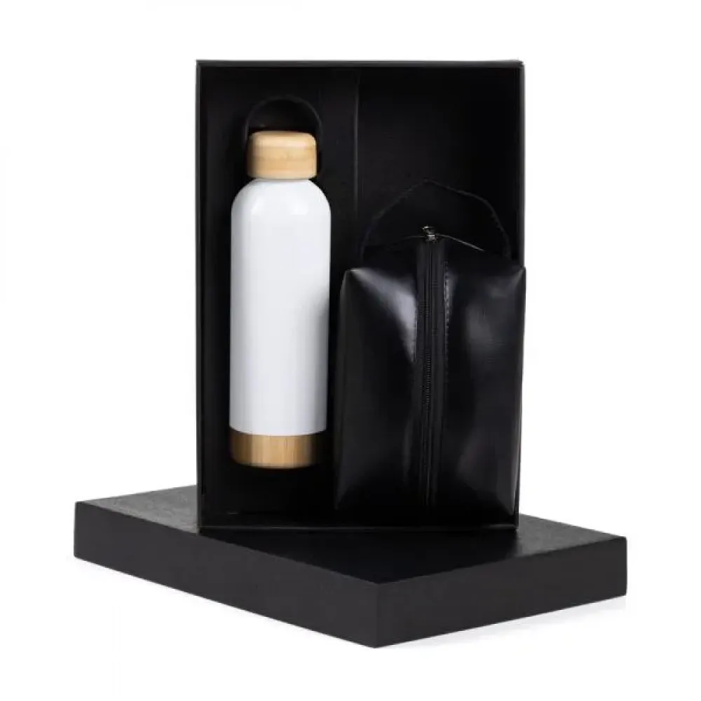 KIT GARRAFA E NECESSAIRE - BRANCO/PRETO - 2 PÇS