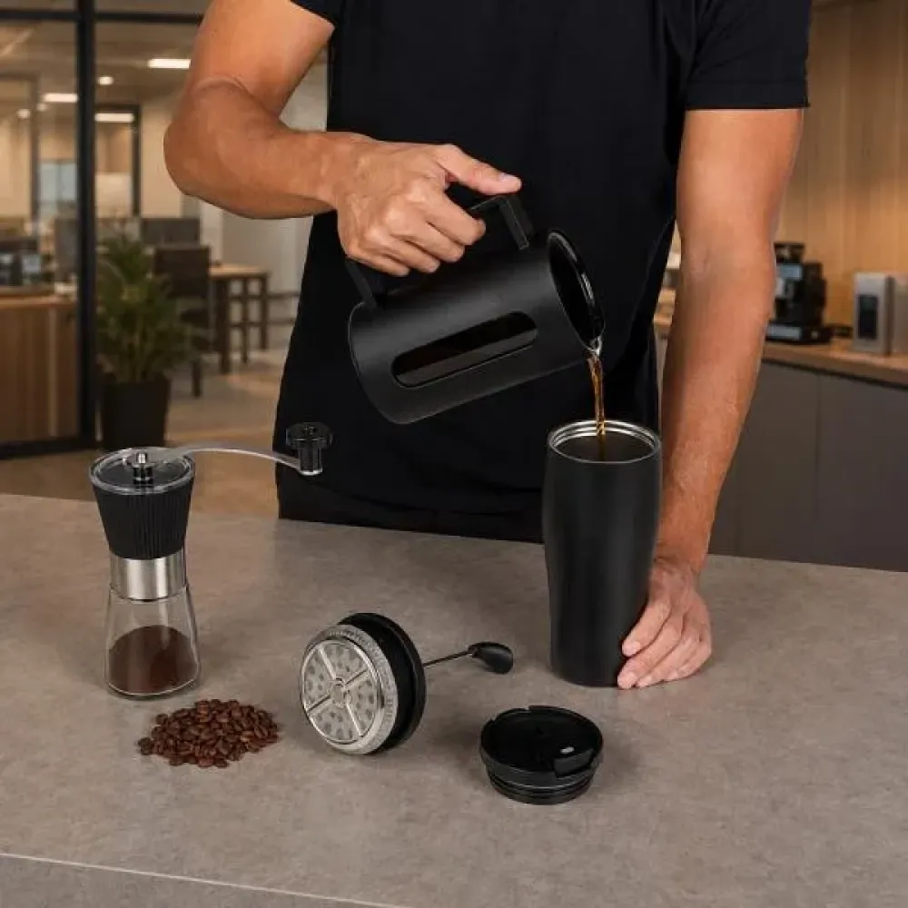 KIT CAFETEIRA, MOEDOR E COPO DUPLA CAMADA - 3 PÇS