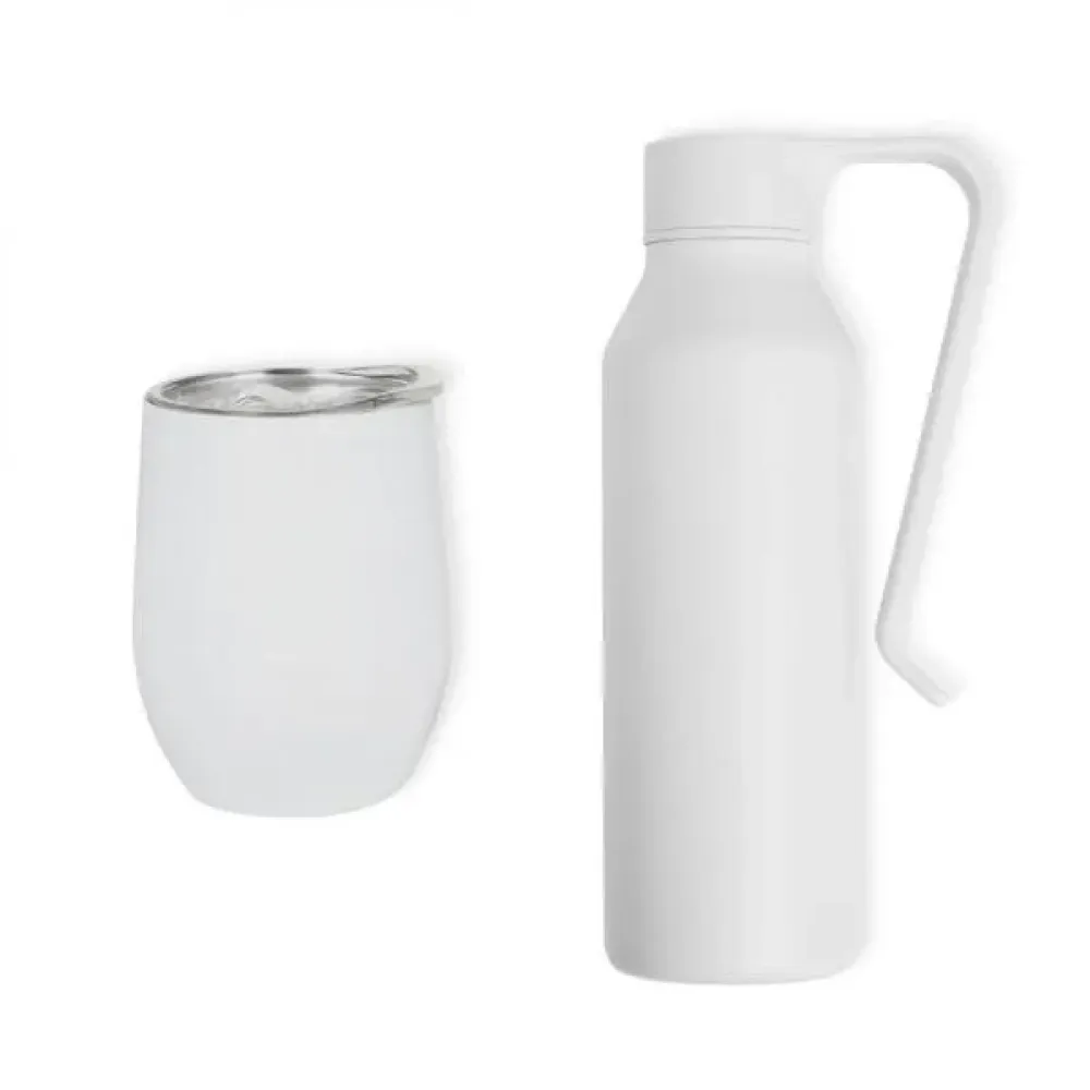 KIT GARRAFA E COPO TÉRMICO - BRANCO - 2 PÇS