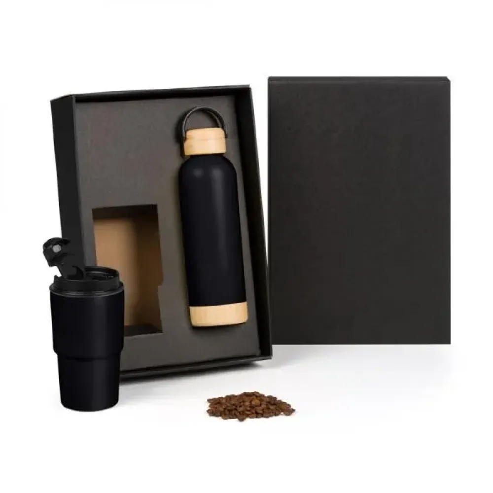 KIT GARRAFA PAREDE DUPLA E COPO TÉRMICO - PRETO - 2 PÇS-KT-90609