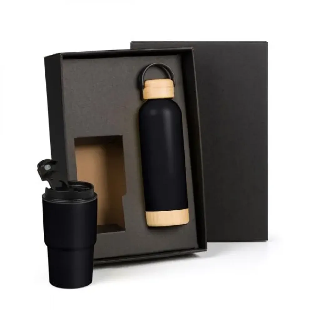 KIT GARRAFA PAREDE DUPLA E COPO TÉRMICO - PRETO - 2 PÇS