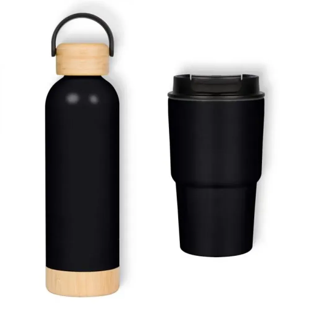 KIT GARRAFA PAREDE DUPLA E COPO TÉRMICO - PRETO - 2 PÇS