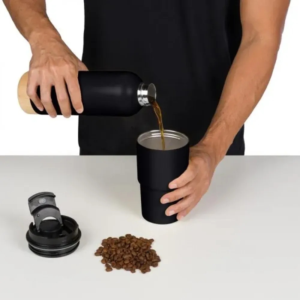 KIT GARRAFA PAREDE DUPLA E COPO TÉRMICO - PRETO - 2 PÇS