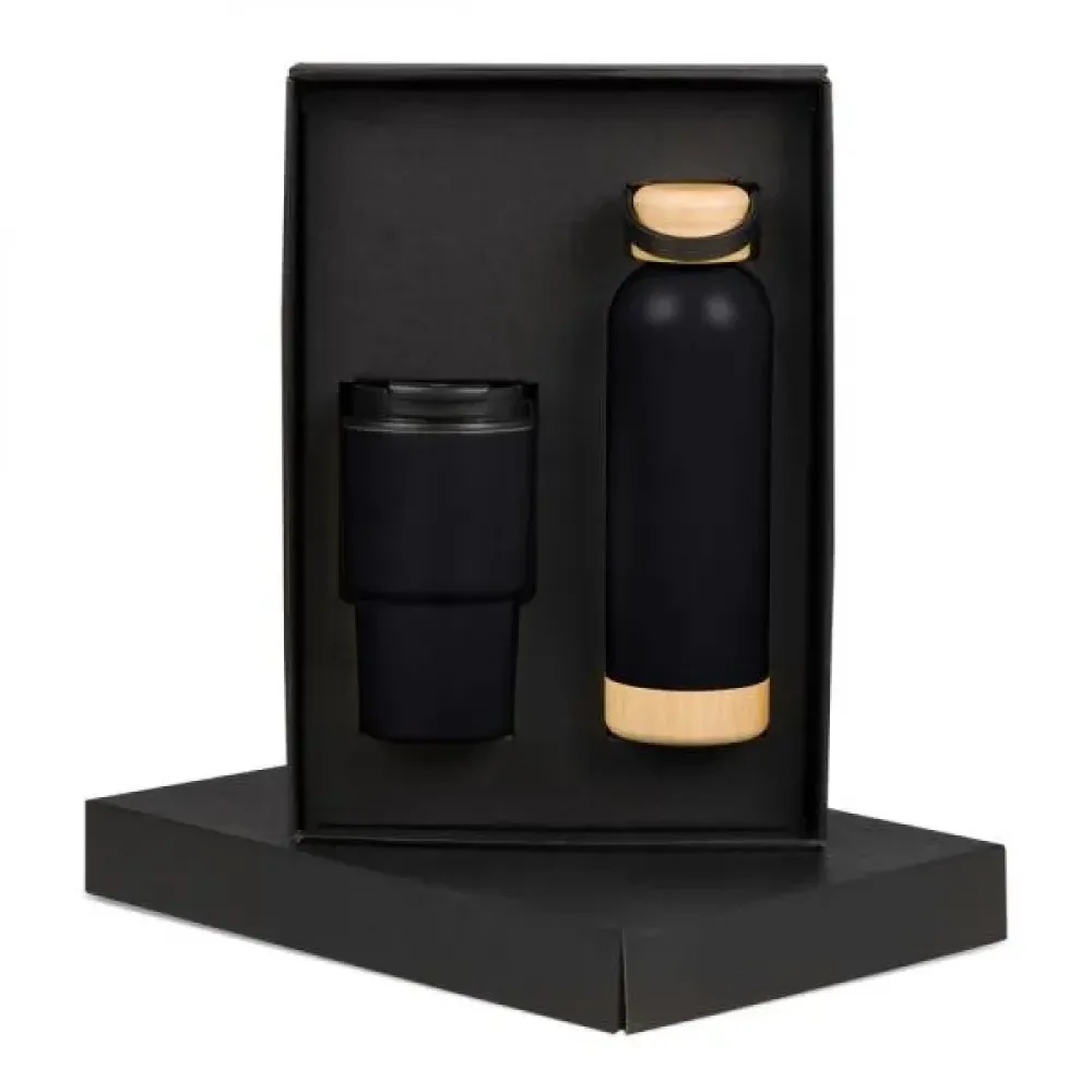 KIT GARRAFA PAREDE DUPLA E COPO TÉRMICO - PRETO - 2 PÇS