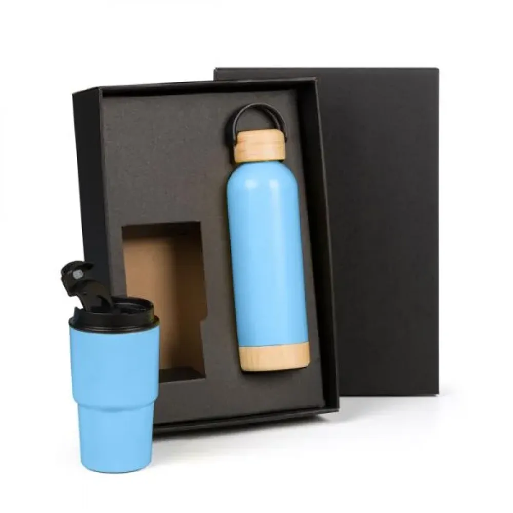 KIT GARRAFA PAREDE DUPLA E COPO TÉRMICO - AZUL - 2 PÇS