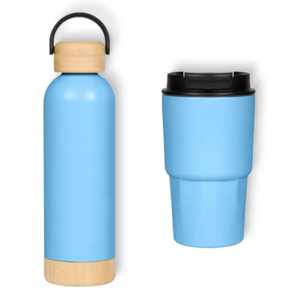 KIT GARRAFA PAREDE DUPLA E COPO TÉRMICO - AZUL - 2 PÇS