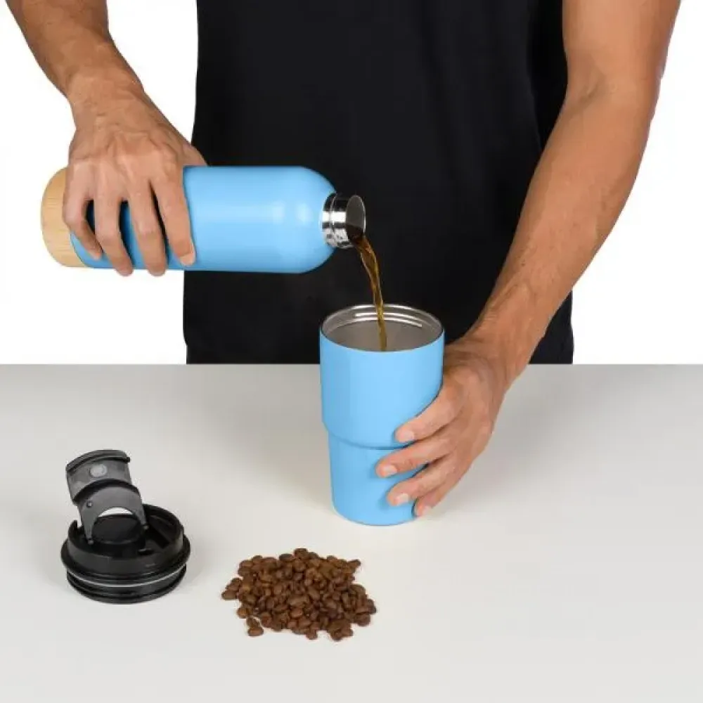 KIT GARRAFA PAREDE DUPLA E COPO TÉRMICO - AZUL - 2 PÇS