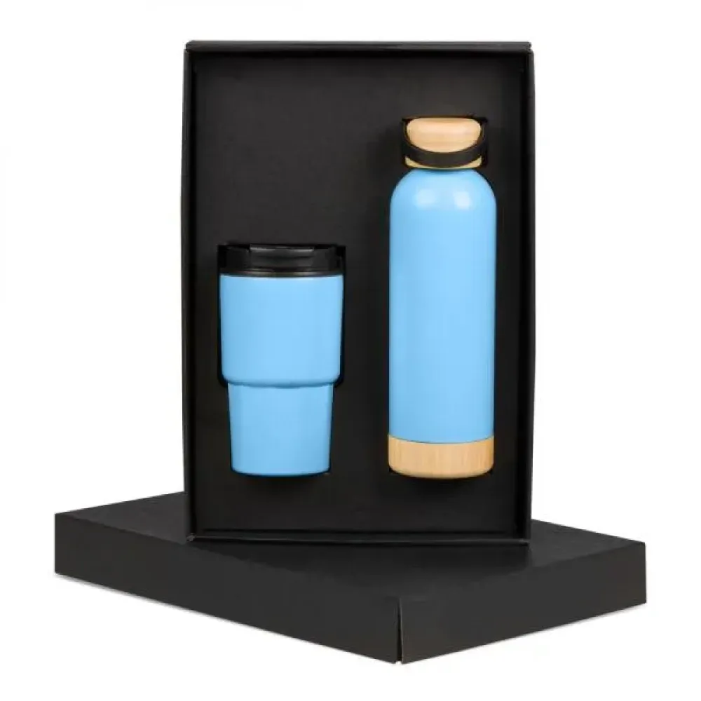 KIT GARRAFA PAREDE DUPLA E COPO TÉRMICO - AZUL - 2 PÇS