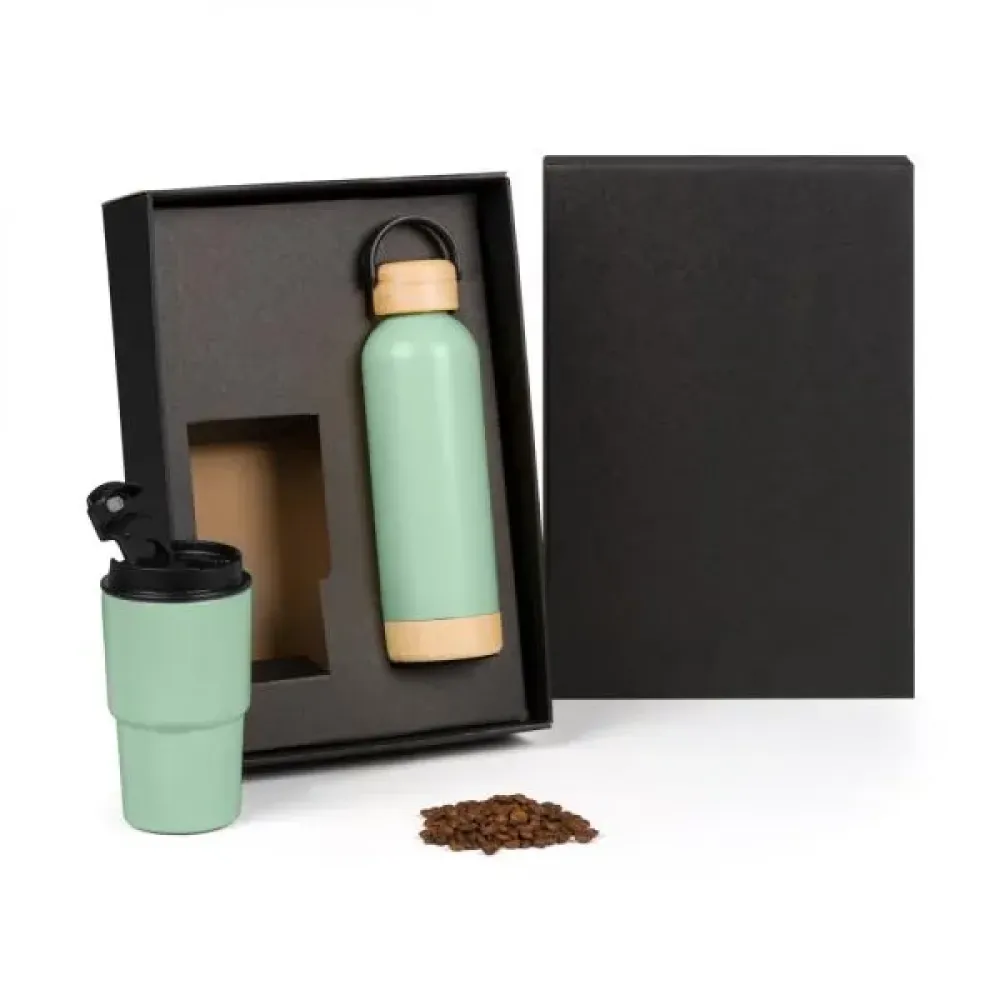 KIT GARRAFA PAREDE DUPLA E COPO TÉRMICO - VERDE - 2 PÇS-KT-90611