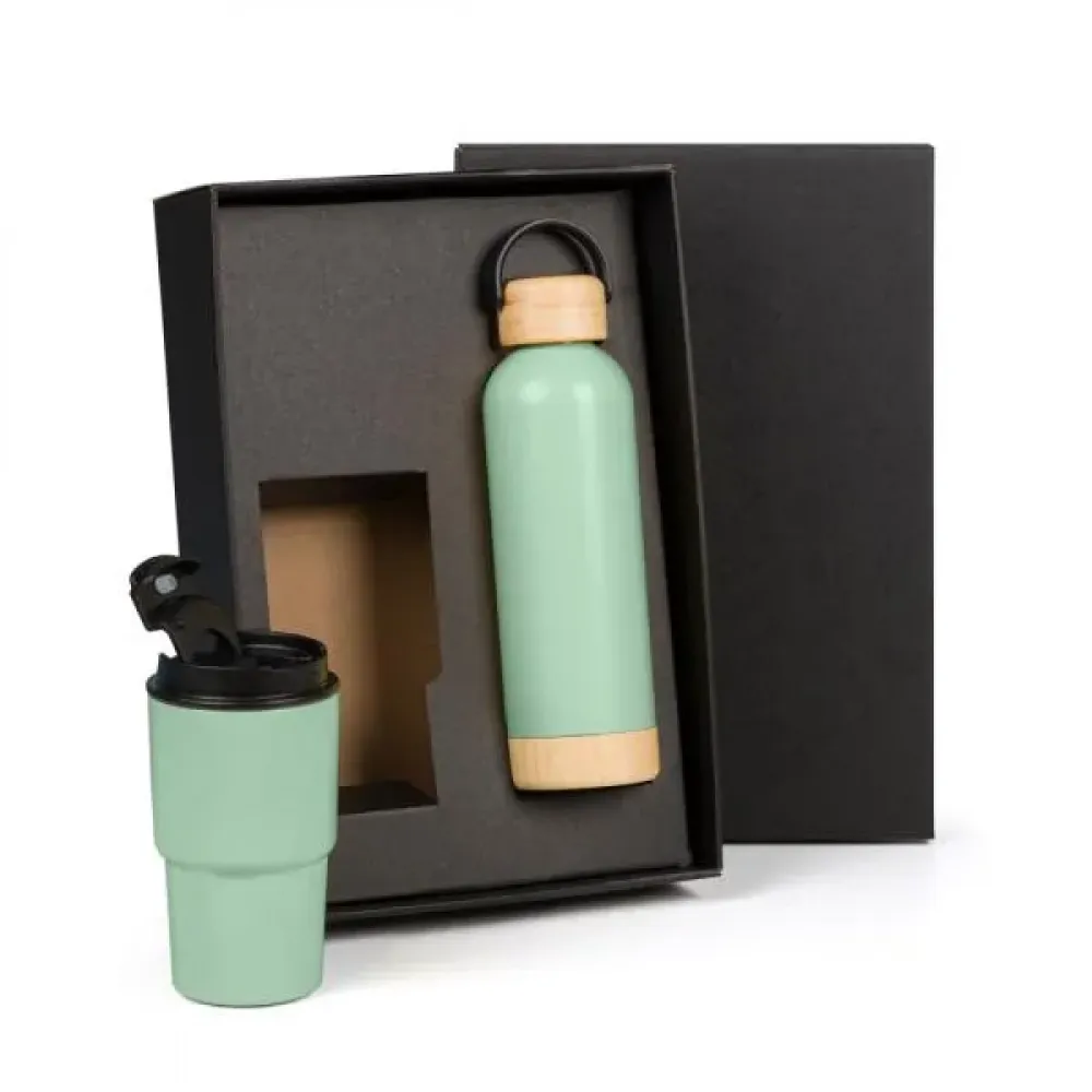 KIT GARRAFA PAREDE DUPLA E COPO TÉRMICO - VERDE - 2 PÇS