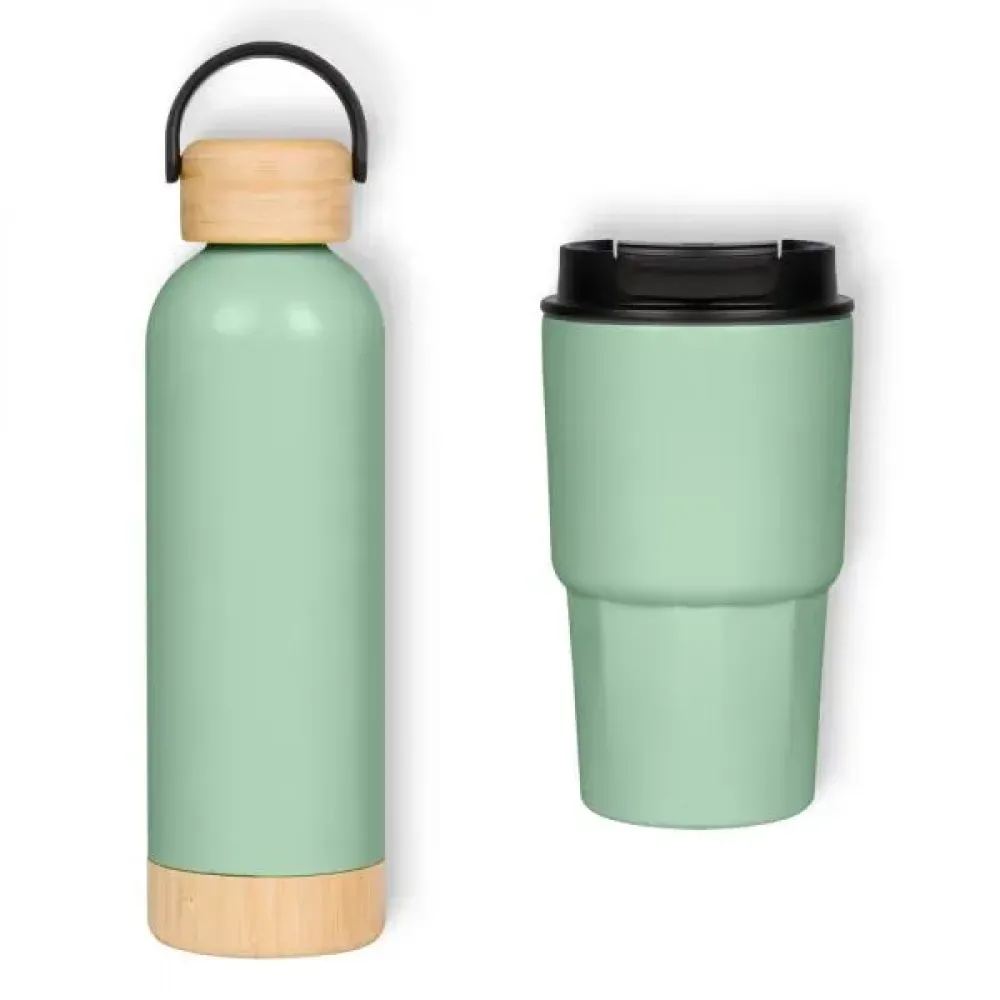 KIT GARRAFA PAREDE DUPLA E COPO TÉRMICO - VERDE - 2 PÇS