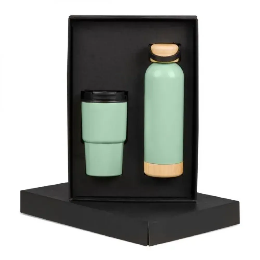 KIT GARRAFA PAREDE DUPLA E COPO TÉRMICO - VERDE - 2 PÇS