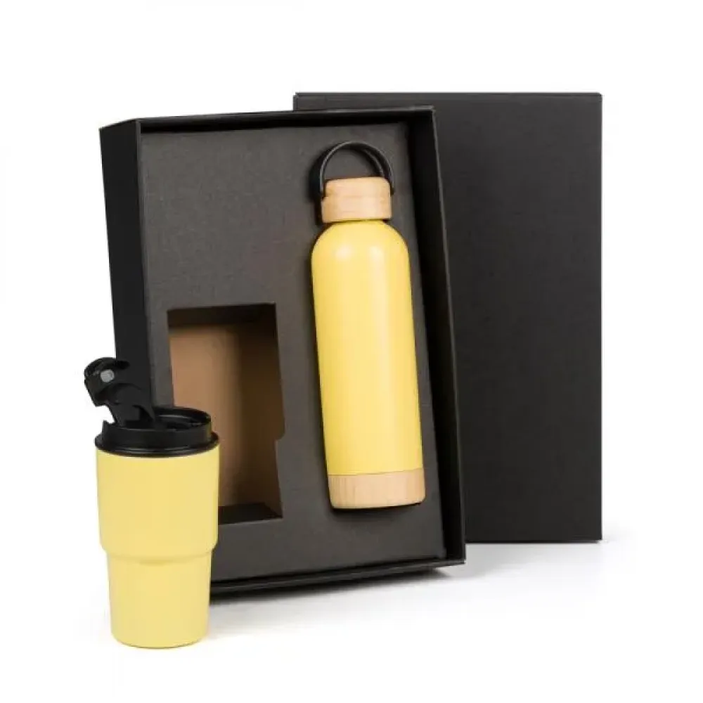 KIT GARRAFA PAREDE DUPLA E COPO TÉRMICO - AMARELO - 2 PÇS