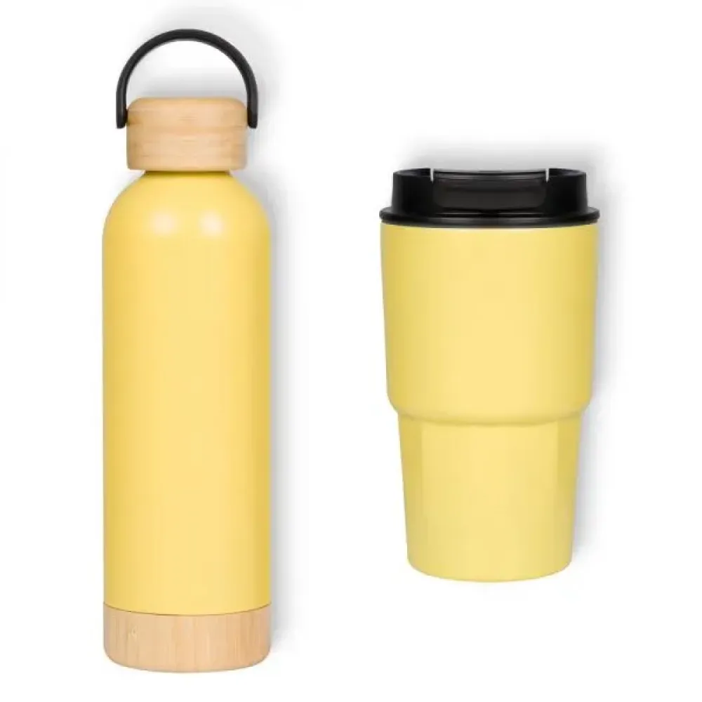 KIT GARRAFA PAREDE DUPLA E COPO TÉRMICO - AMARELO - 2 PÇS