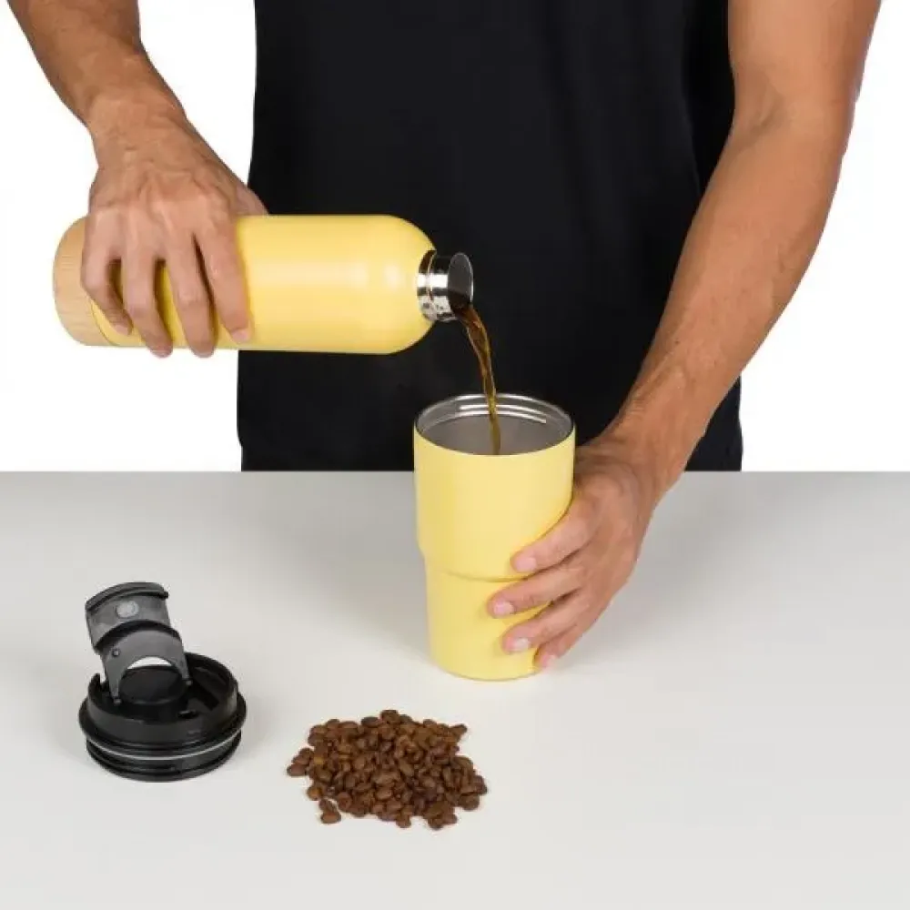 KIT GARRAFA PAREDE DUPLA E COPO TÉRMICO - AMARELO - 2 PÇS