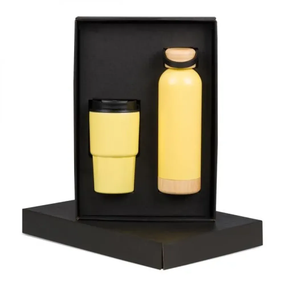 KIT GARRAFA PAREDE DUPLA E COPO TÉRMICO - AMARELO - 2 PÇS