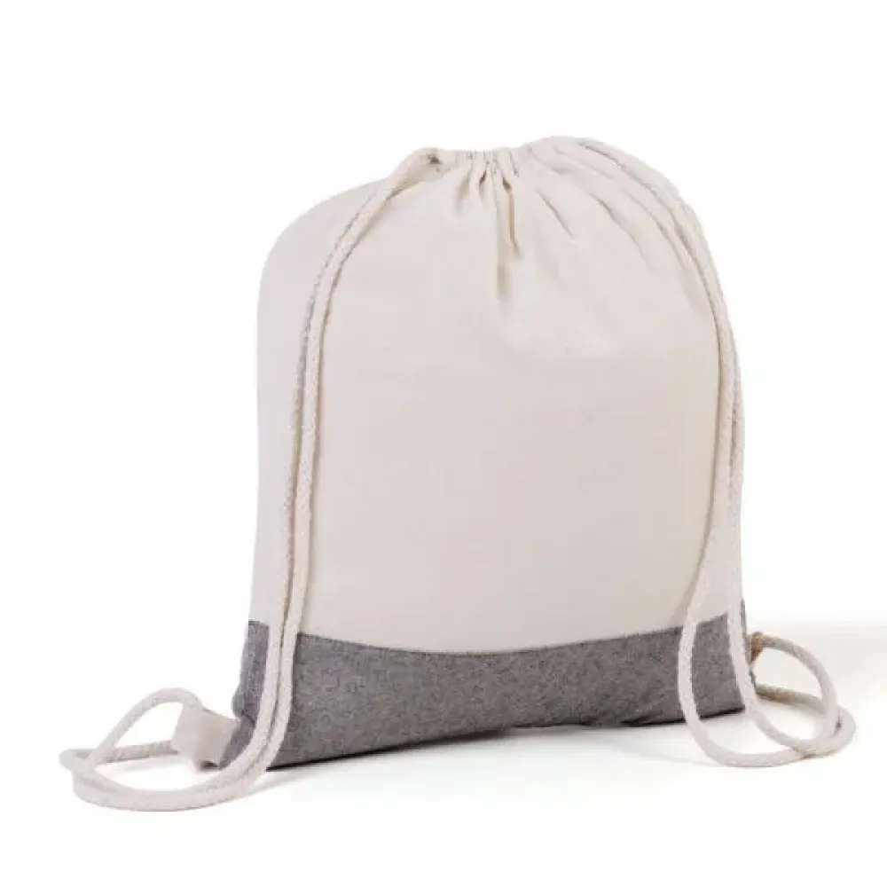 MOCHILA SACOLA EM ALGODÃO RECICLADO - BEGE NATURAL / MELANGE CINZA - 37X41CM-MA-03101