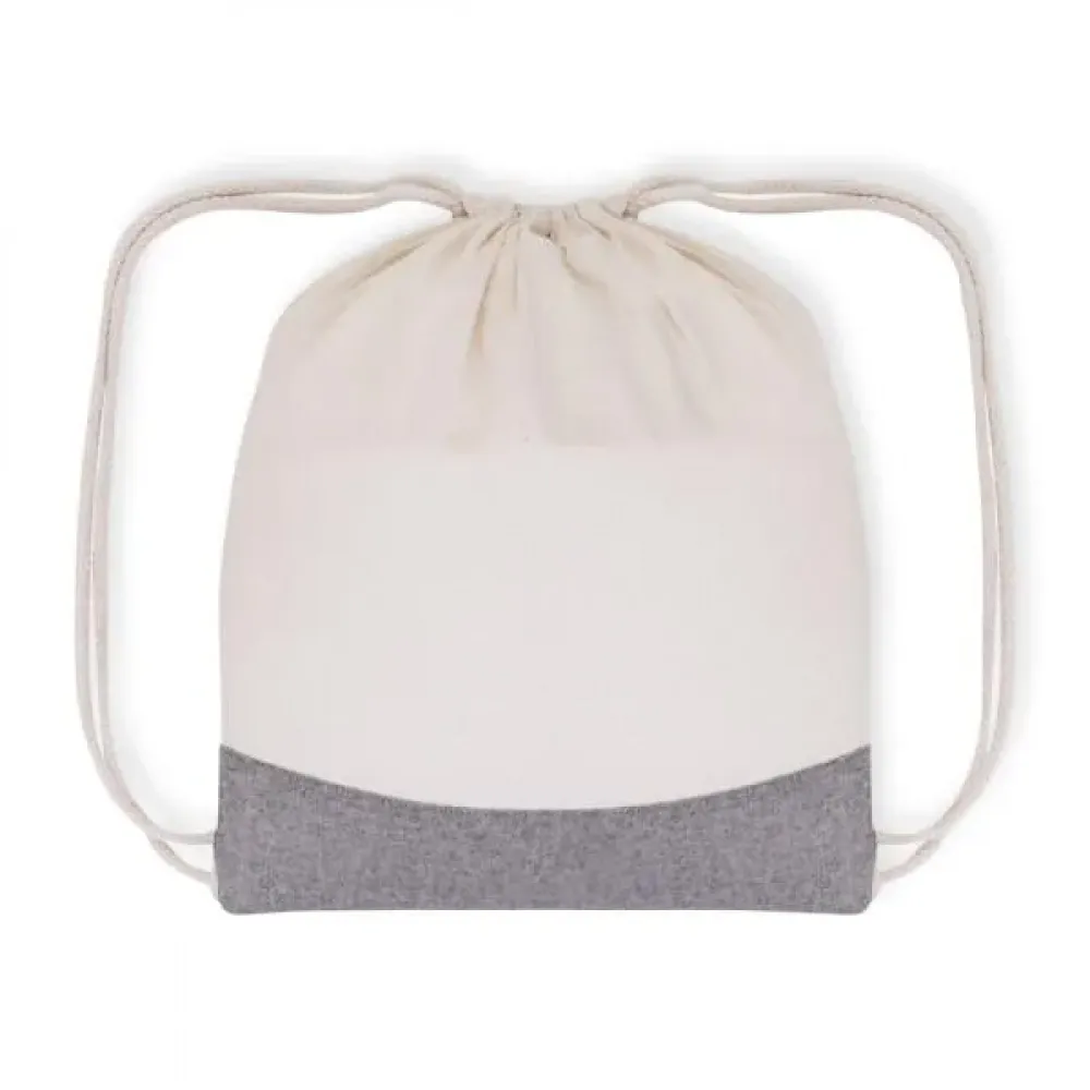 MOCHILA SACOLA EM ALGODÃO RECICLADO - BEGE NATURAL / MELANGE CINZA - 37X41CM